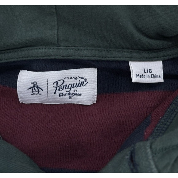 Penguin Munsingwear Rugby Hooded Sweatshirt Mens L Navy Burgundy Green Pullover - Picture 5 of 10
